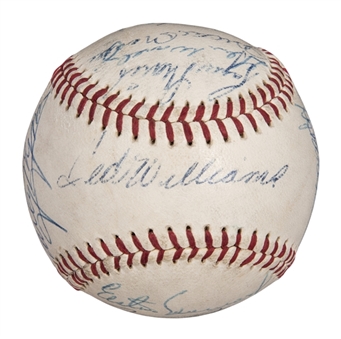1959 American League All Star Team Signed ONL Giles Baseball From Second Game at Los Angeles Memorial Coliseum on August 3rd, 1959 With 14 Signatures Including Mantle, Williams and Maris (Beckett)